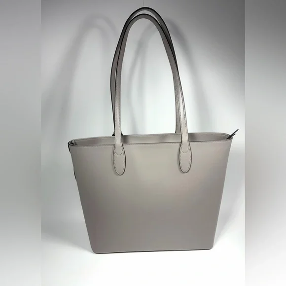 Kate Spade New York Large Leather Tote Bag Gray Pebbled Shoulder Purse 2/Flower - Picture 4 of 12